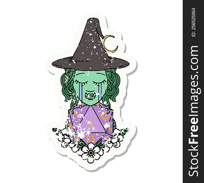 Crying Half Orc Witch With Natural One D20 Dice Roll Grunge Sticker