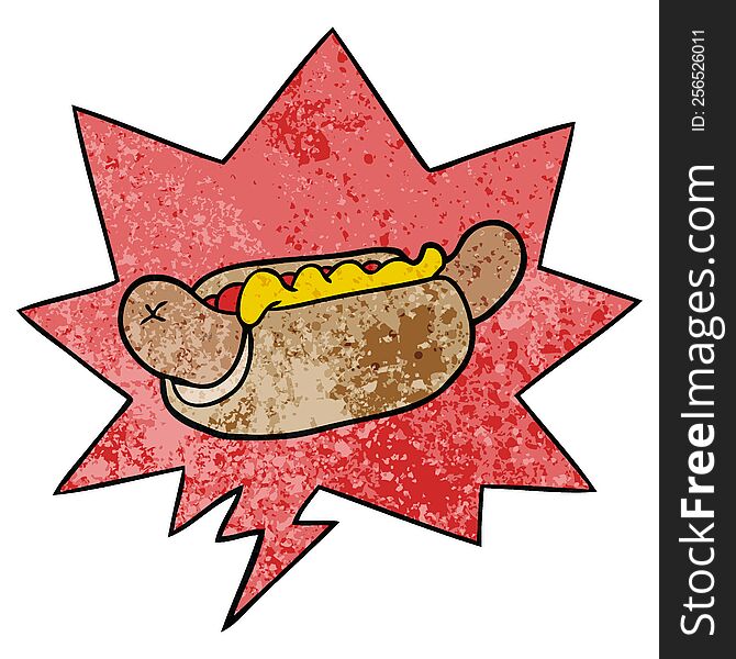 cartoon fresh tasty hot dog with speech bubble in retro texture style