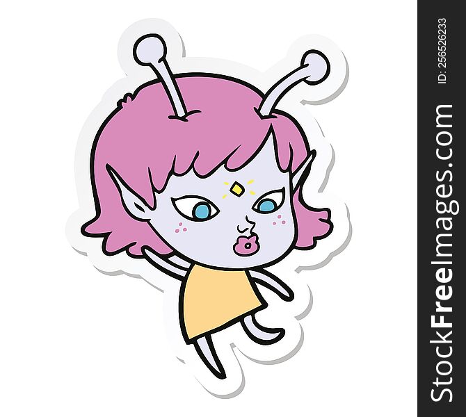 Sticker Of A Pretty Cartoon Alien Girl Dancing