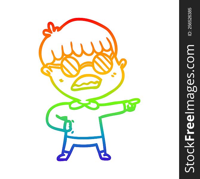 Rainbow Gradient Line Drawing Cartoon Pointing Boy Wearing Spectacles