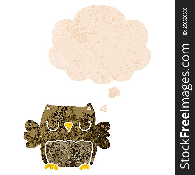 Cute Cartoon Owl And Thought Bubble In Retro Textured Style