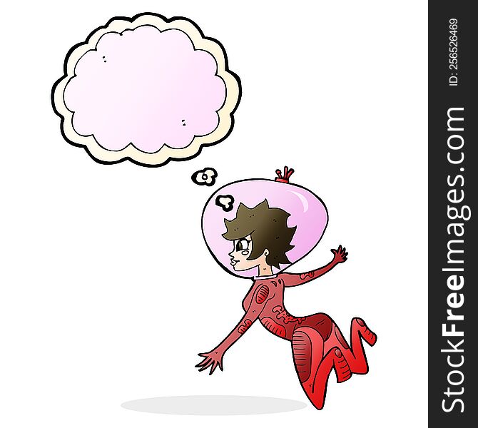 cartoon space woman with thought bubble