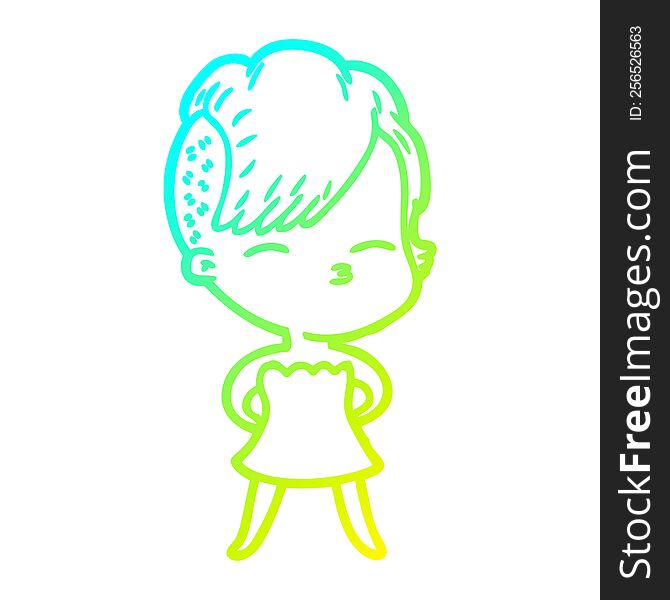 cold gradient line drawing of a cartoon squinting girl in dress