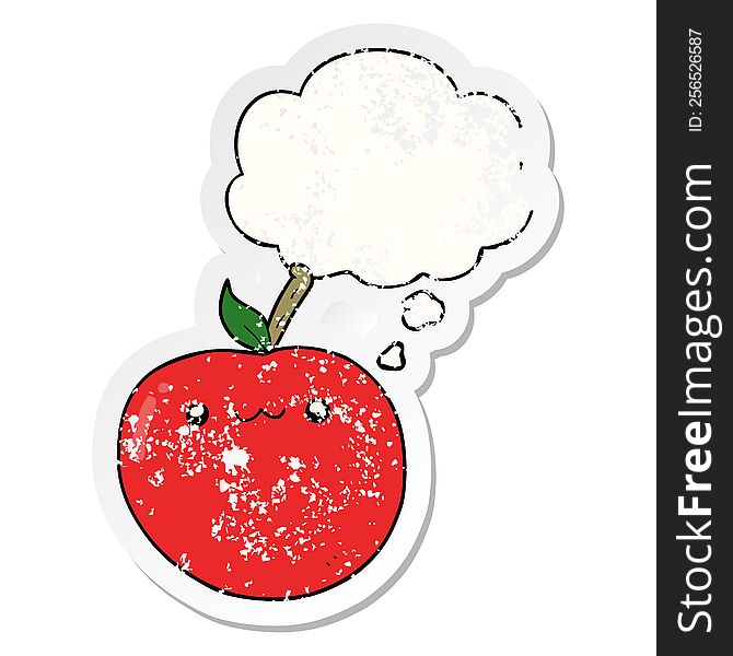 Cartoon Cute Apple And Thought Bubble As A Distressed Worn Sticker