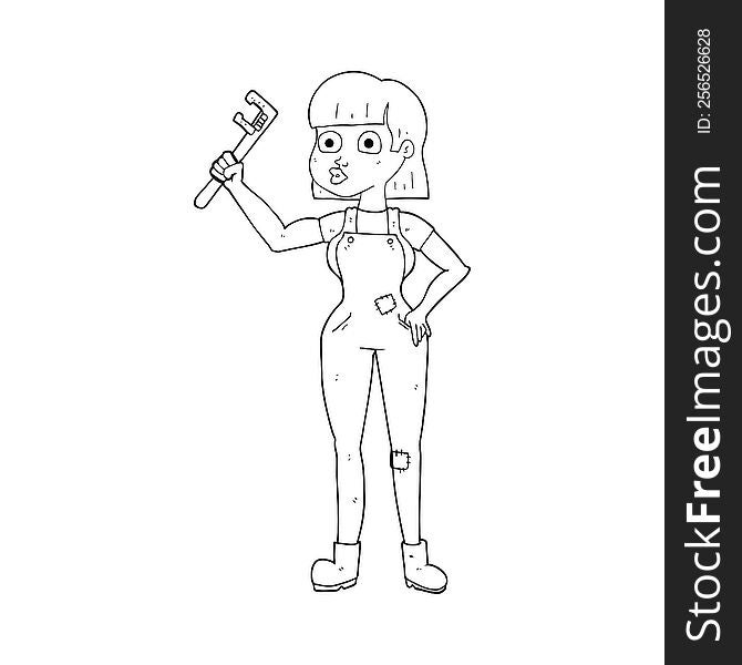 freehand drawn black and white cartoon female plumber