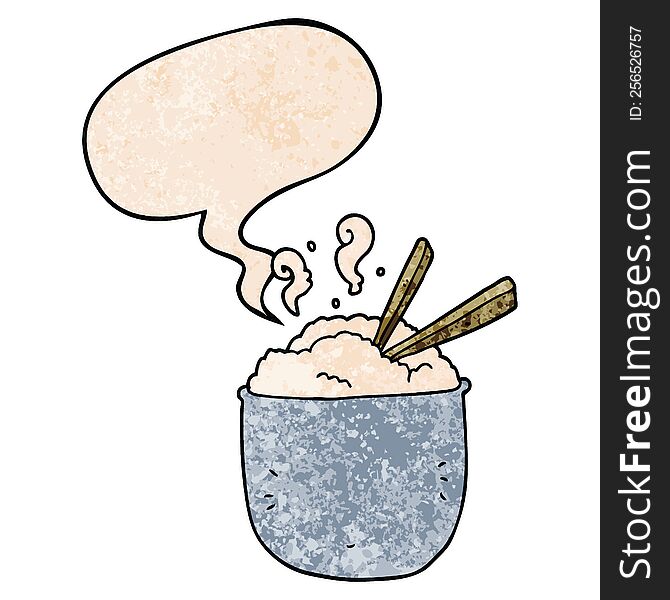 cartoon bowl of rice with speech bubble in retro texture style