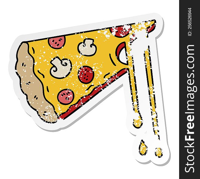 distressed sticker of a quirky hand drawn cartoon cheesy pizza