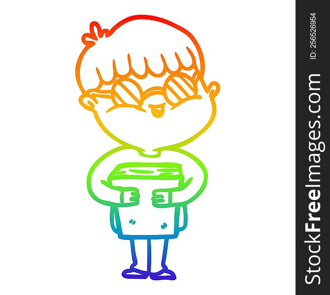 Rainbow Gradient Line Drawing Cartoon Boy Wearing Spectacles Carrying Book