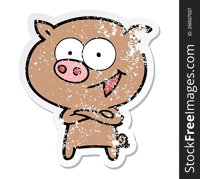 distressed sticker of a cheerful pig cartoon