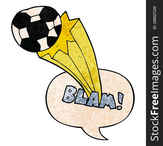 cartoon kicked soccer ball with speech bubble in retro texture style