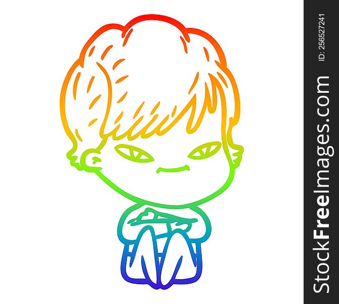 Rainbow Gradient Line Drawing Cartoon Happy Woman