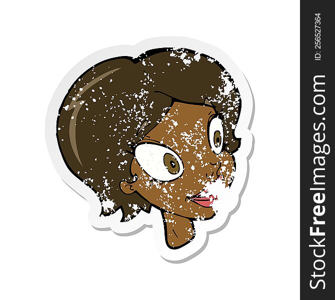 Retro Distressed Sticker Of A Cartoon Pretty Female Face