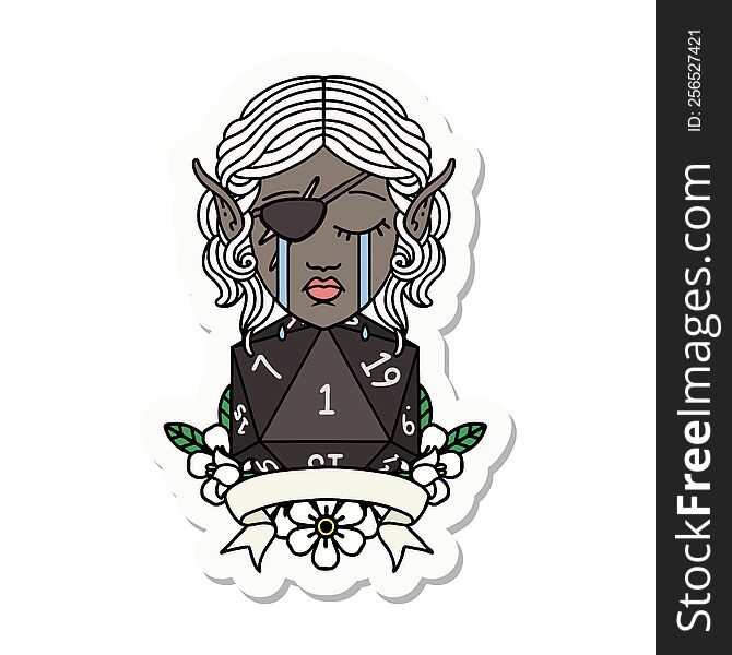 crying elf rogue character with natural one D20 roll sticker