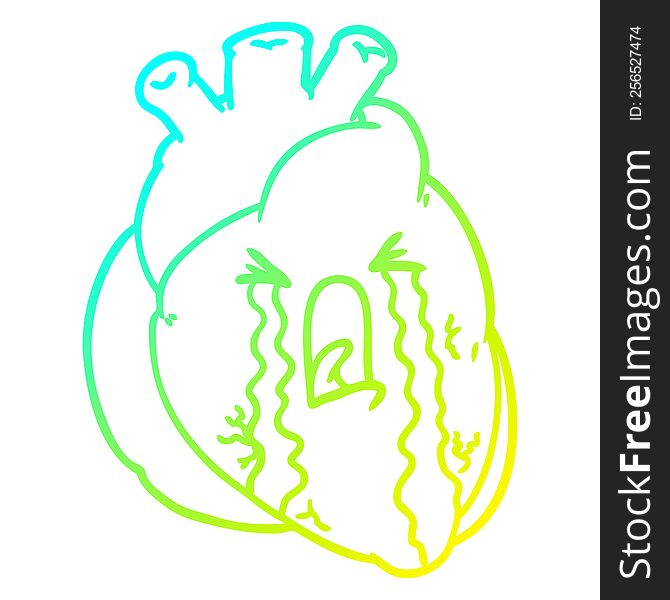 cold gradient line drawing of a cartoon heart crying