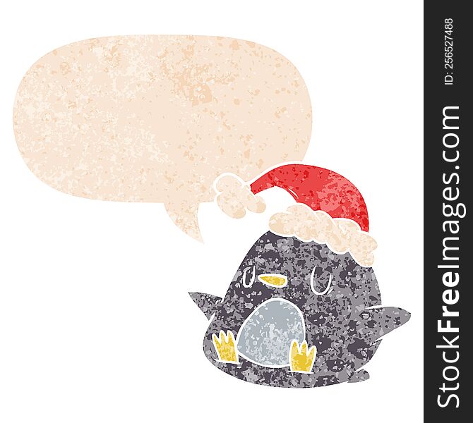 Cute Cartoon Penguin And Speech Bubble In Retro Textured Style