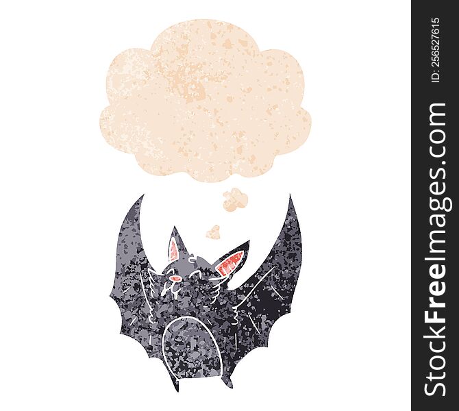 Cartoon Halloween Bat And Thought Bubble In Retro Textured Style