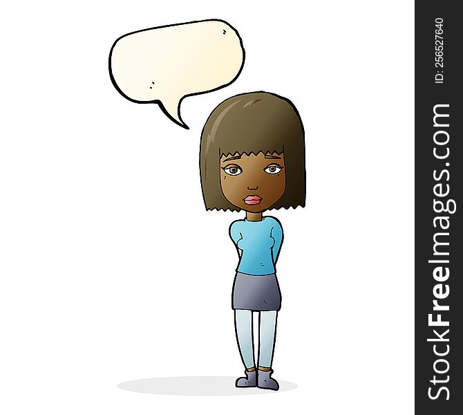 cartoon serious girl with speech bubble