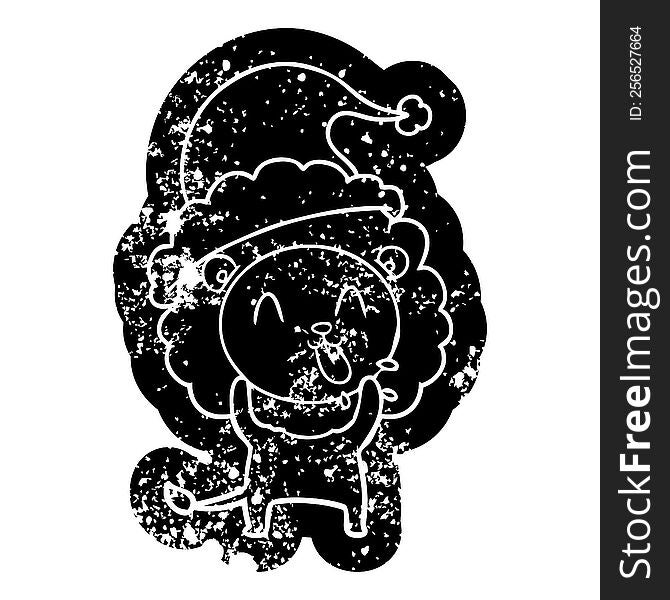 Happy Cartoon Distressed Icon Of A Lion Wearing Santa Hat