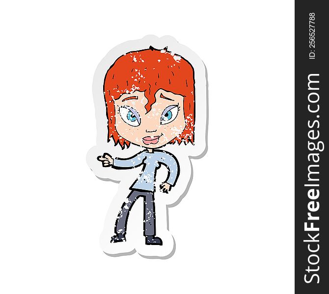 retro distressed sticker of a cartoon relaxed woman pointing