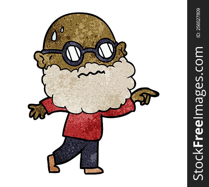 cartoon worried man with beard and spectacles pointing finger. cartoon worried man with beard and spectacles pointing finger