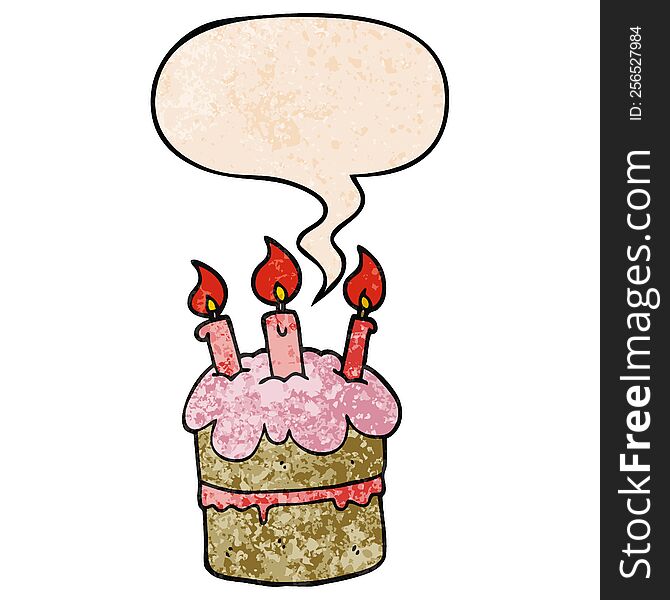 cartoon birthday cake and speech bubble in retro texture style