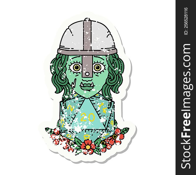 Half Orc Fighter Character With Natural Twenty Dice Roll Grunge Sticker