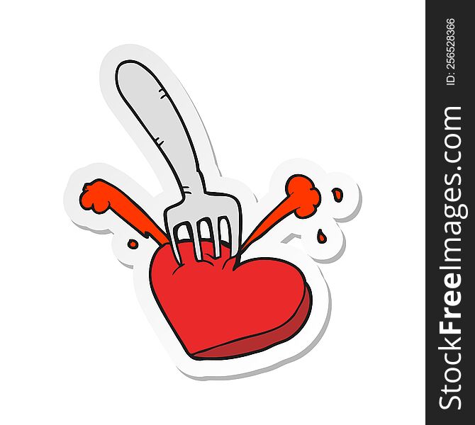 Sticker Of A Cartoon Heart Stabbed By Fork