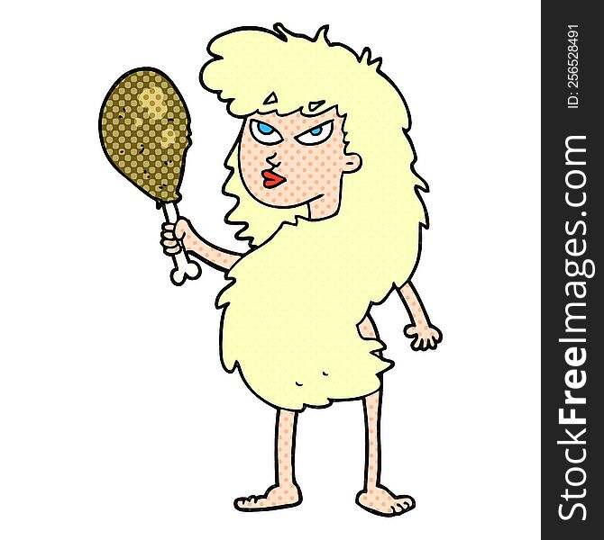 freehand drawn cartoon cavewoman with meat