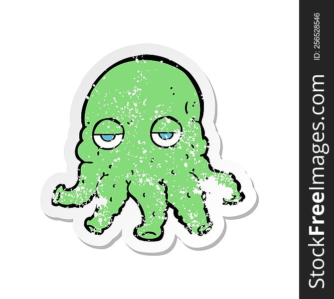 retro distressed sticker of a cartoon alien squid face