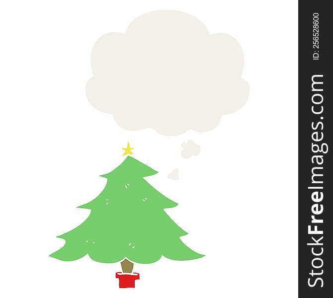 cartoon christmas tree with thought bubble in retro style