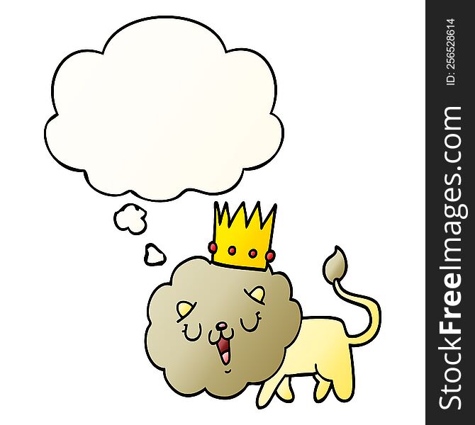 cartoon lion with crown with thought bubble in smooth gradient style