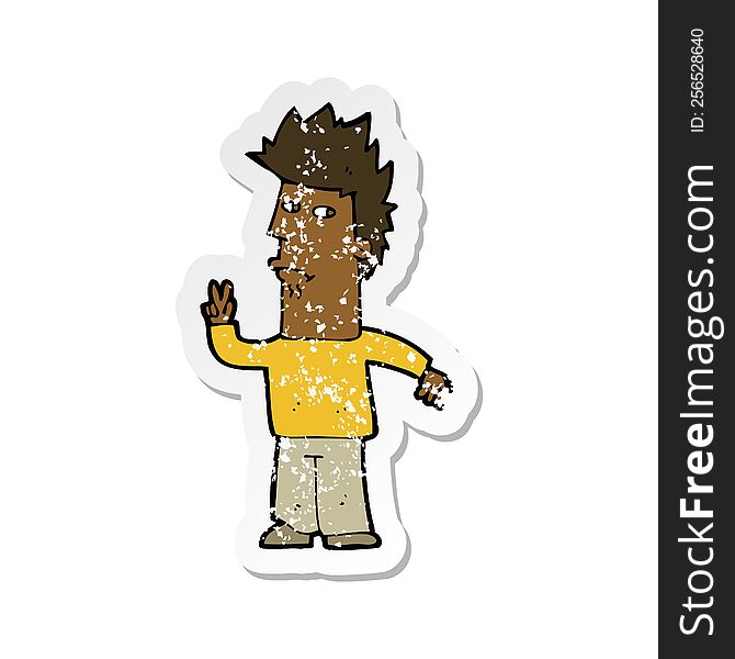 Retro Distressed Sticker Of A Cartoon Man Giving Peace Sign