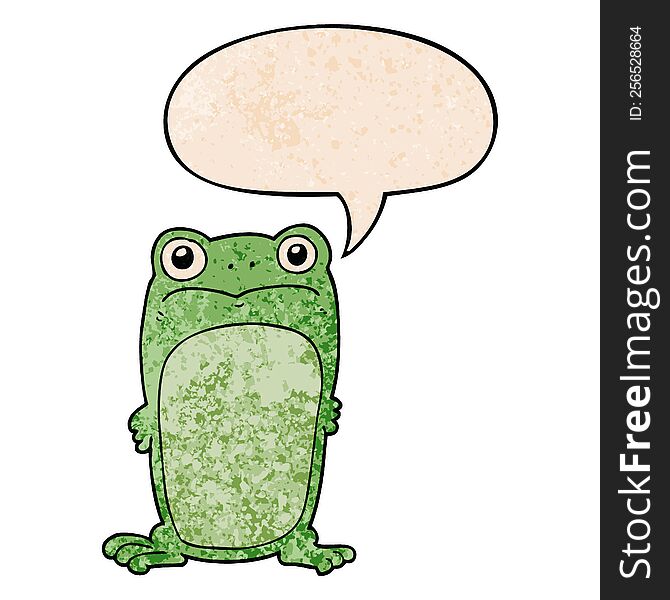 cartoon staring frog with speech bubble in retro texture style