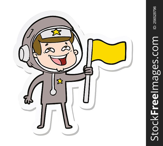 Sticker Of A Cartoon Laughing Astronaut Waving Flag