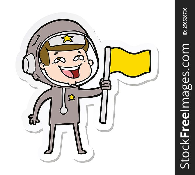 sticker of a cartoon laughing astronaut waving flag