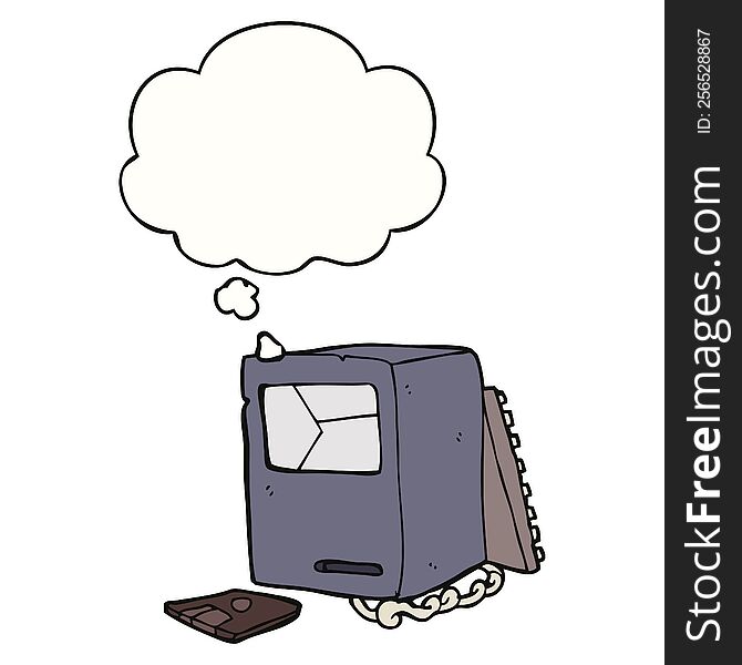 Cartoon Broken Old Computer And Thought Bubble