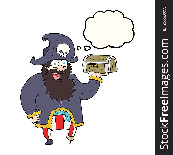 freehand drawn thought bubble cartoon pirate captain with treasure chest