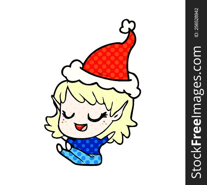 Happy Comic Book Style Illustration Of A Elf Girl Sitting Wearing Santa Hat