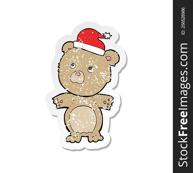 Retro Distressed Sticker Of A Cartoon Bear In Christmas Hat