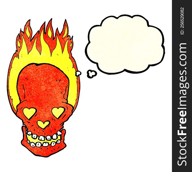 Cartoon Flaming Skull With Love Heart Eyes With Thought Bubble