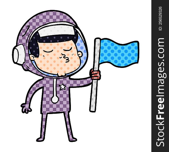 cartoon confident astronaut waving flag. cartoon confident astronaut waving flag