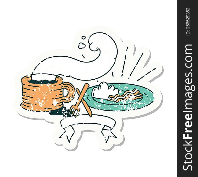 worn old sticker of a tattoo style breakfast and coffee. worn old sticker of a tattoo style breakfast and coffee