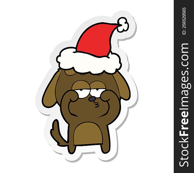 hand drawn sticker cartoon of a tired dog wearing santa hat