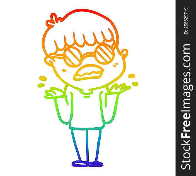 rainbow gradient line drawing of a cartoon confused boy wearing spectacles
