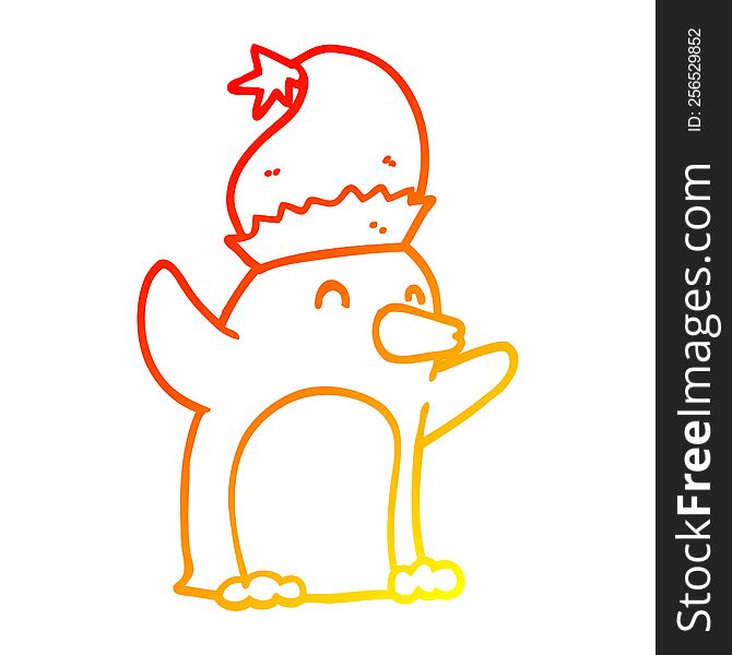 warm gradient line drawing of a cute cartoon christmas penguin