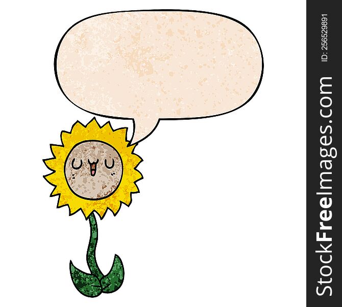 cartoon flower and speech bubble in retro texture style