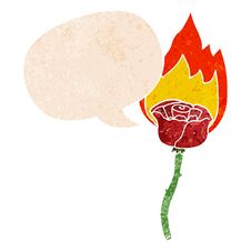 Cartoon Flaming Rose And Speech Bubble In Retro Textured Style Stock Photo