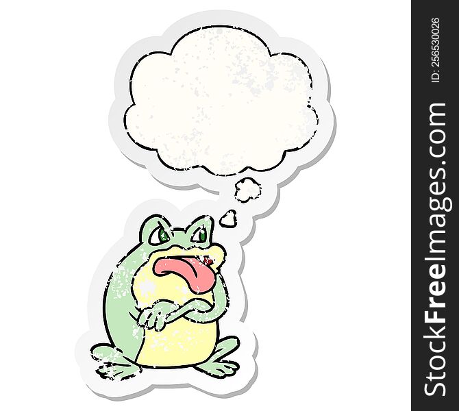 Grumpy Cartoon Frog And Thought Bubble As A Distressed Worn Sticker