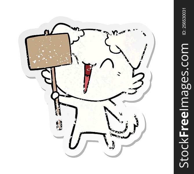 Distressed Sticker Of A Happy Little Cartoon Dog Holding Sign