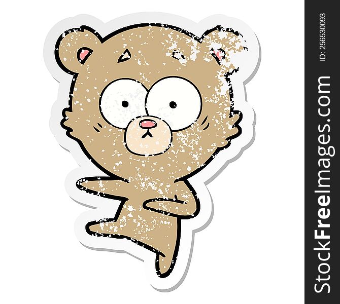 Distressed Sticker Of A Nervous Dancing Bear Cartoon